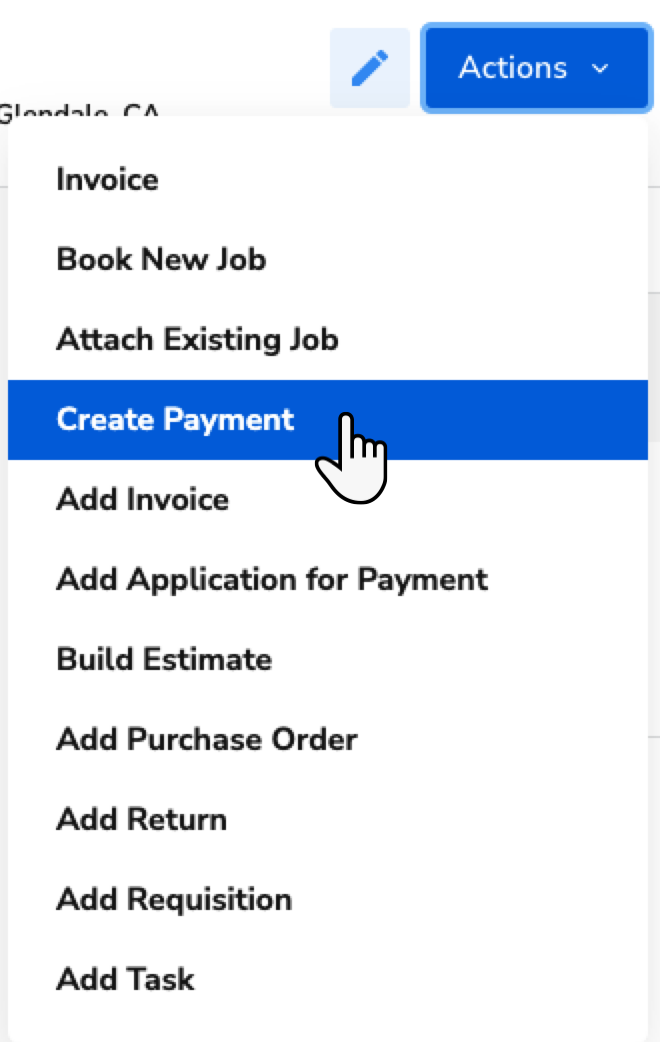 Menu displaying options with 'Create Payment' highlighted for user selection.