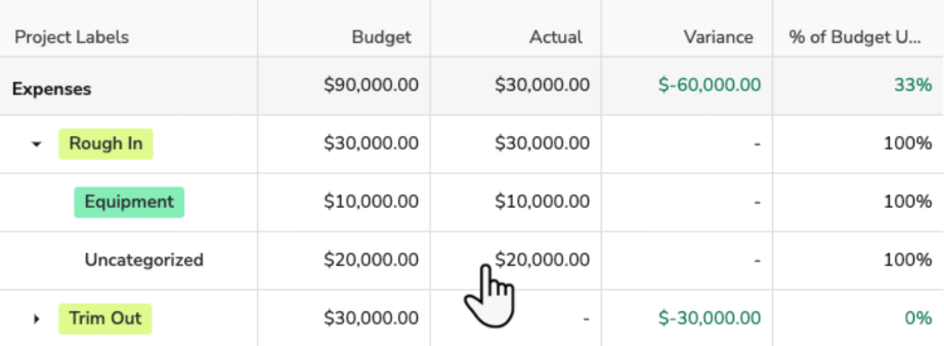 Budget overview showing expenses, actual costs, and variances for project categories.