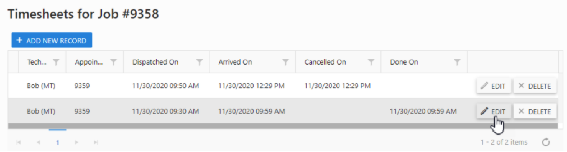 Timesheet entries for job #9358, showing technician details and timestamps for records.