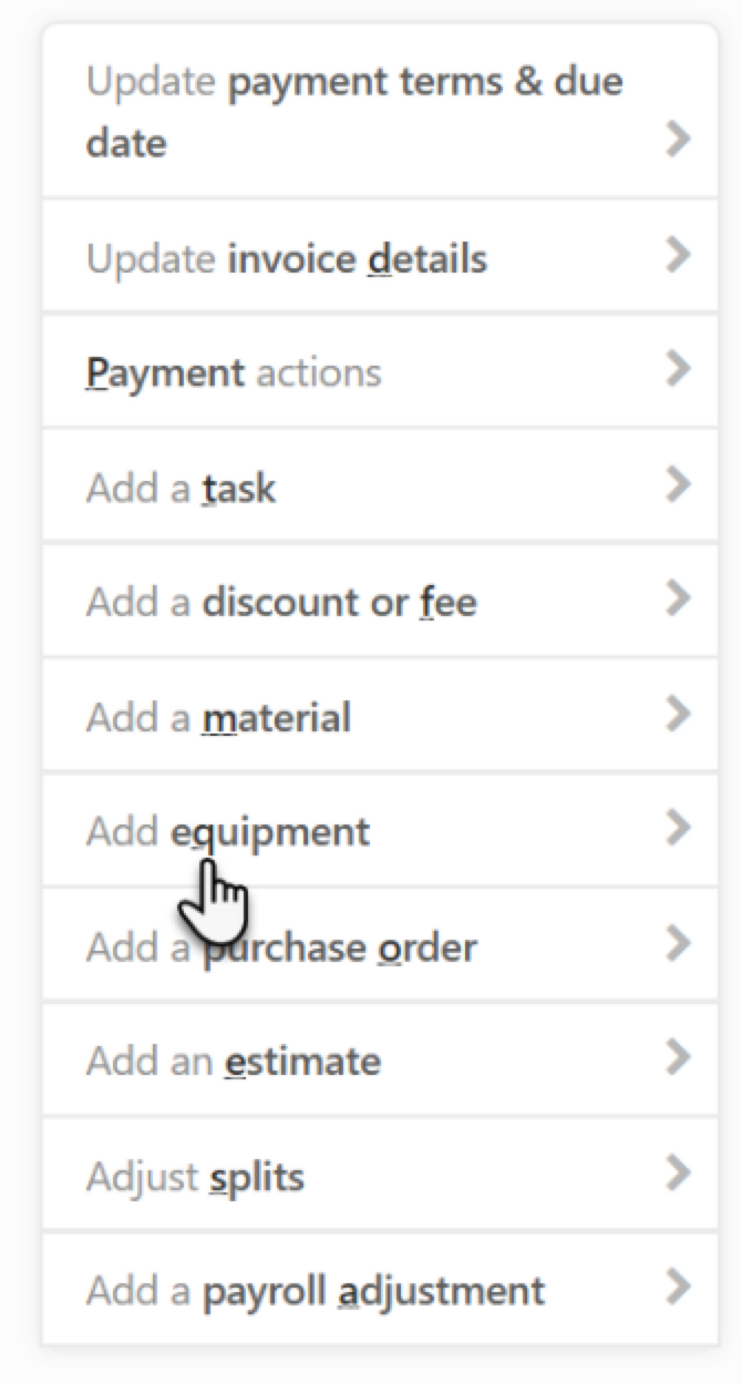 Menu options for updating payment terms, invoice details, and adding equipment or tasks.