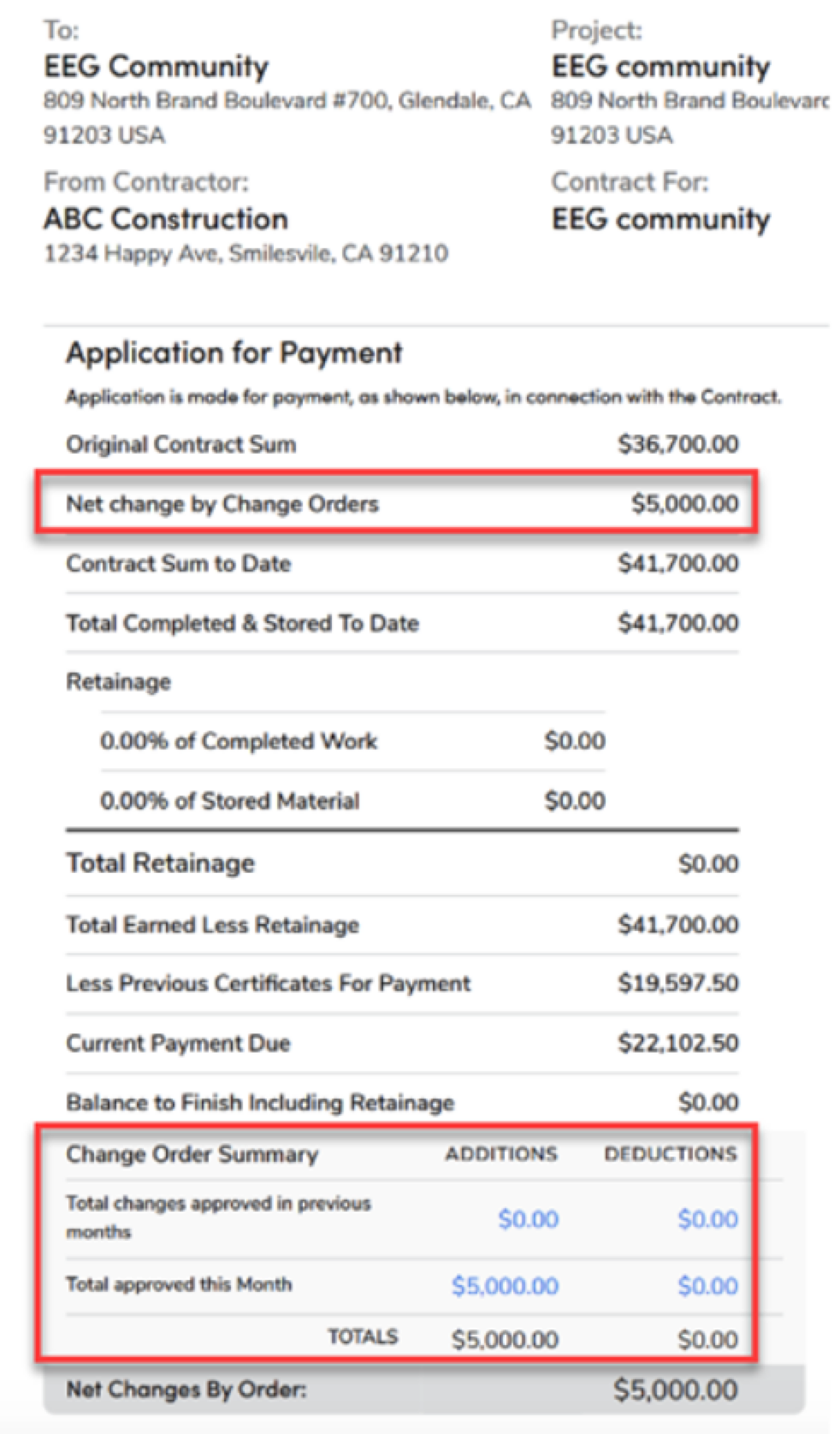 Payment application showing net change by change orders and summary details.
