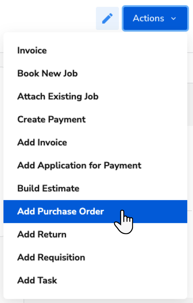 Menu options include adding a purchase order and other job-related actions.