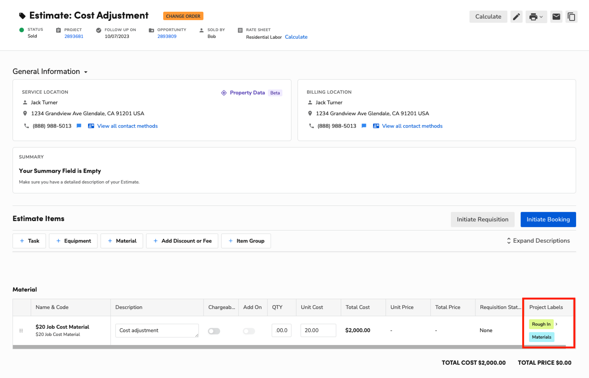 Estimate document showing project details, materials, and cost adjustment information.