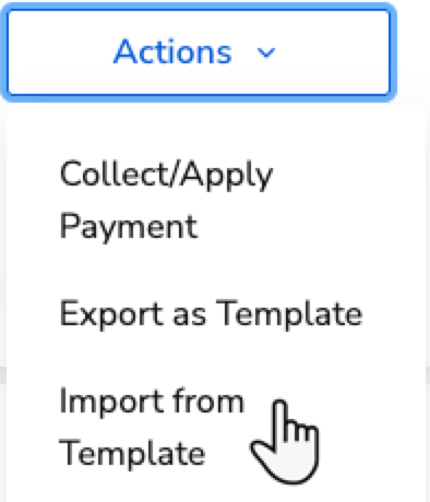 Dropdown menu showing actions like 'Collect/Apply Payment' and 'Import from Template'.
