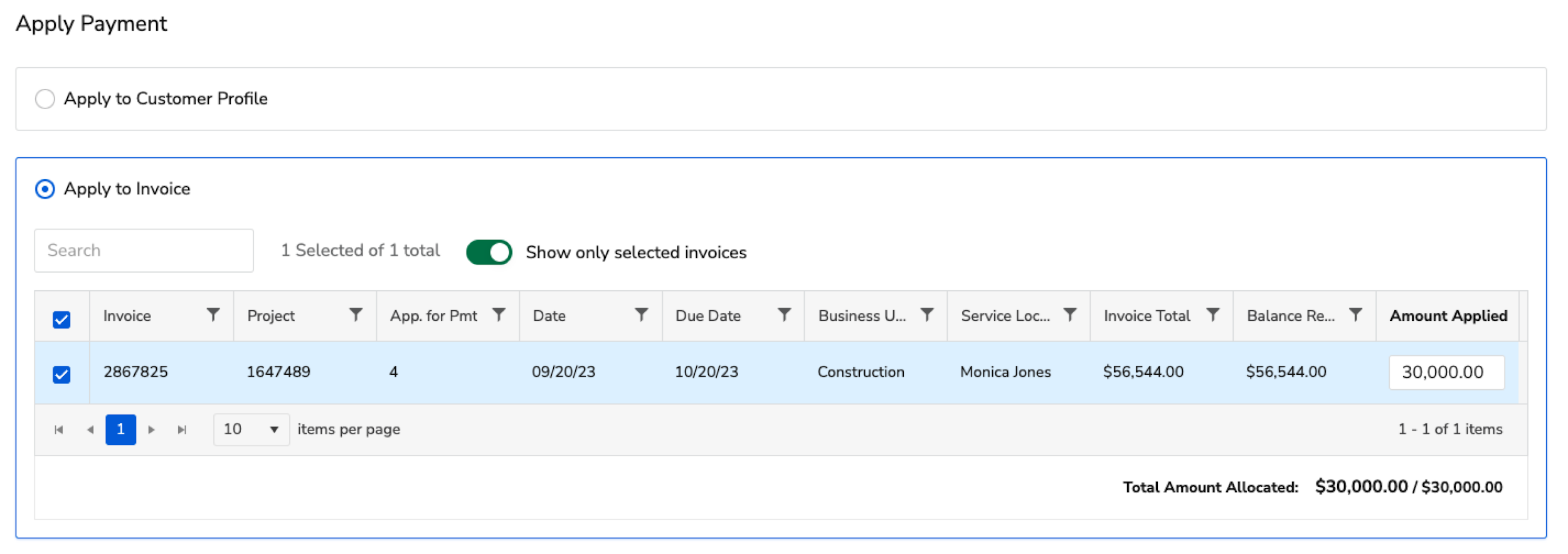 Payment application interface showing invoice details and amount allocated for payment.
