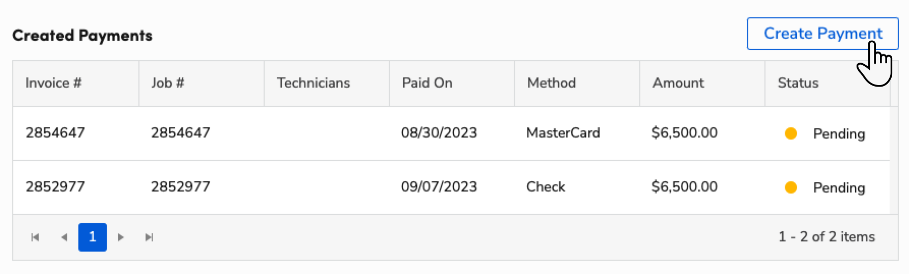 Table displaying created payments with invoice numbers, amounts, and payment status.
