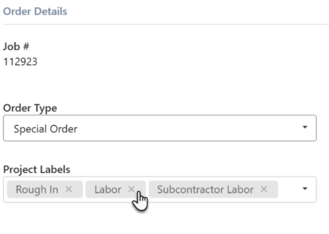 Order details for job number 112923, including project labels and order type.