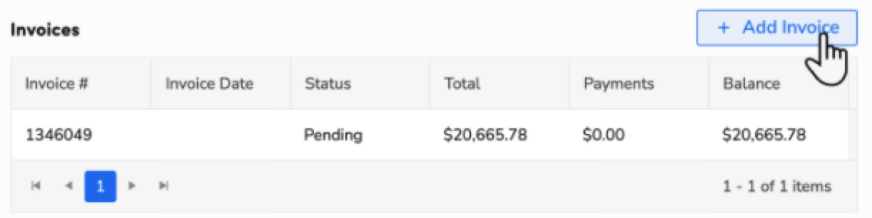 Invoice management interface displaying pending invoices and an option to add new invoices.