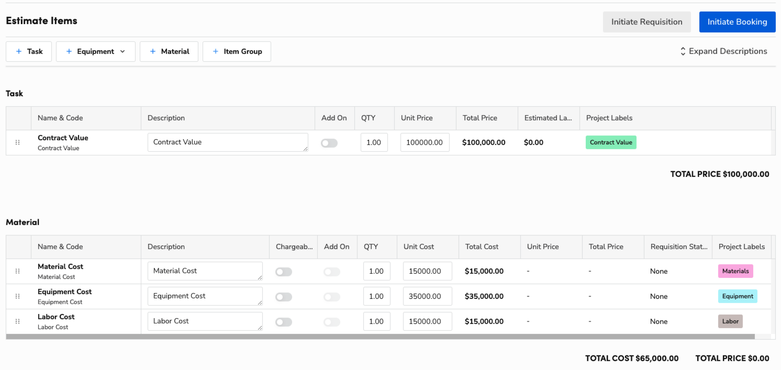 Estimate items for contract value, material costs, and total pricing details displayed.