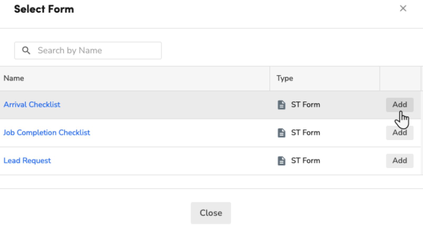 User selects a form from a list of available options in a dialog box.