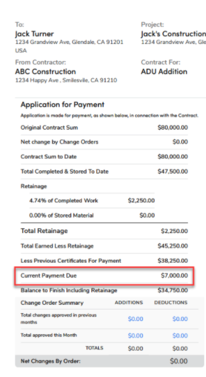 Payment application document highlighting the current payment due of seven thousand dollars.