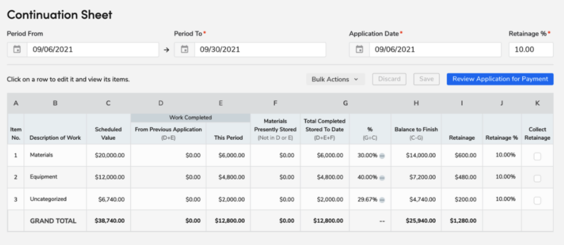 Continuation sheet detailing work completed, scheduled values, and retainage for various items.