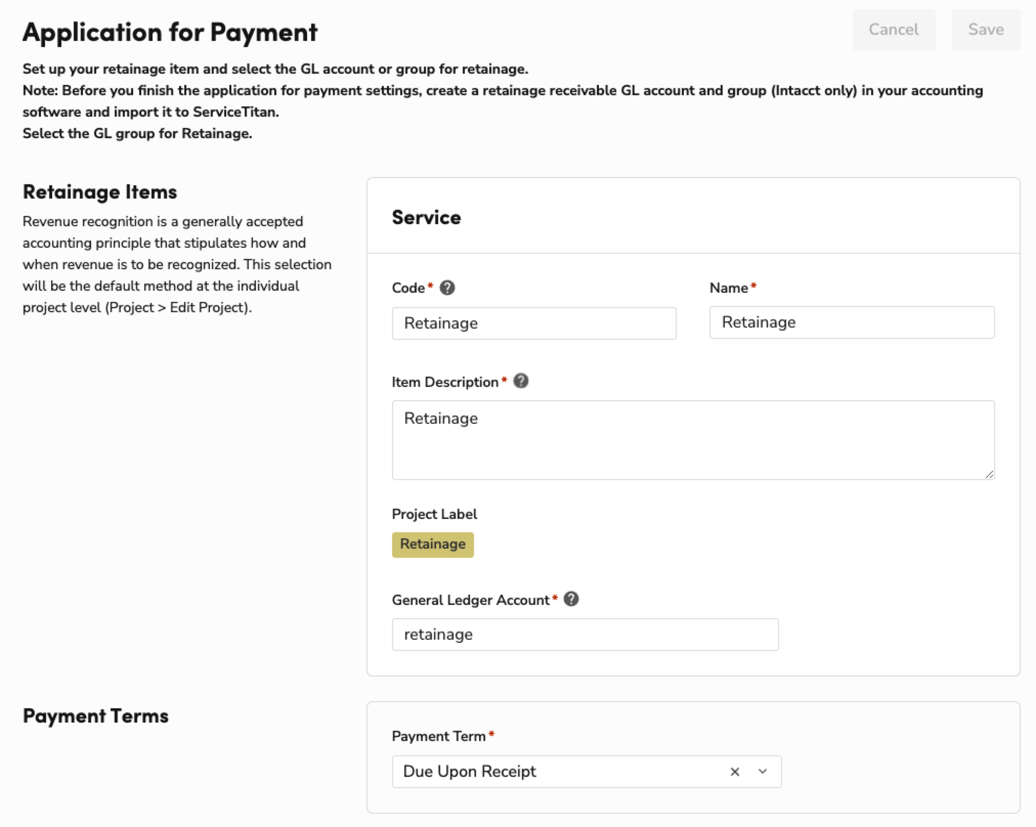 Application for payment setup with fields for retainage items and payment terms.