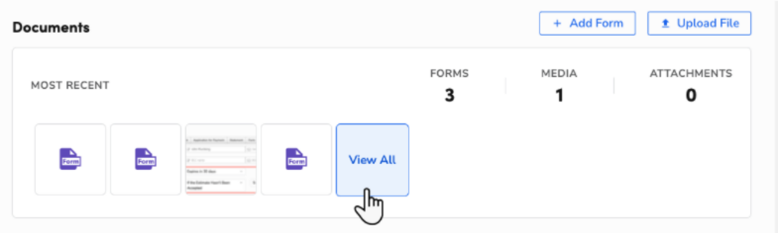 User interface displaying recent documents with a button to view all forms.