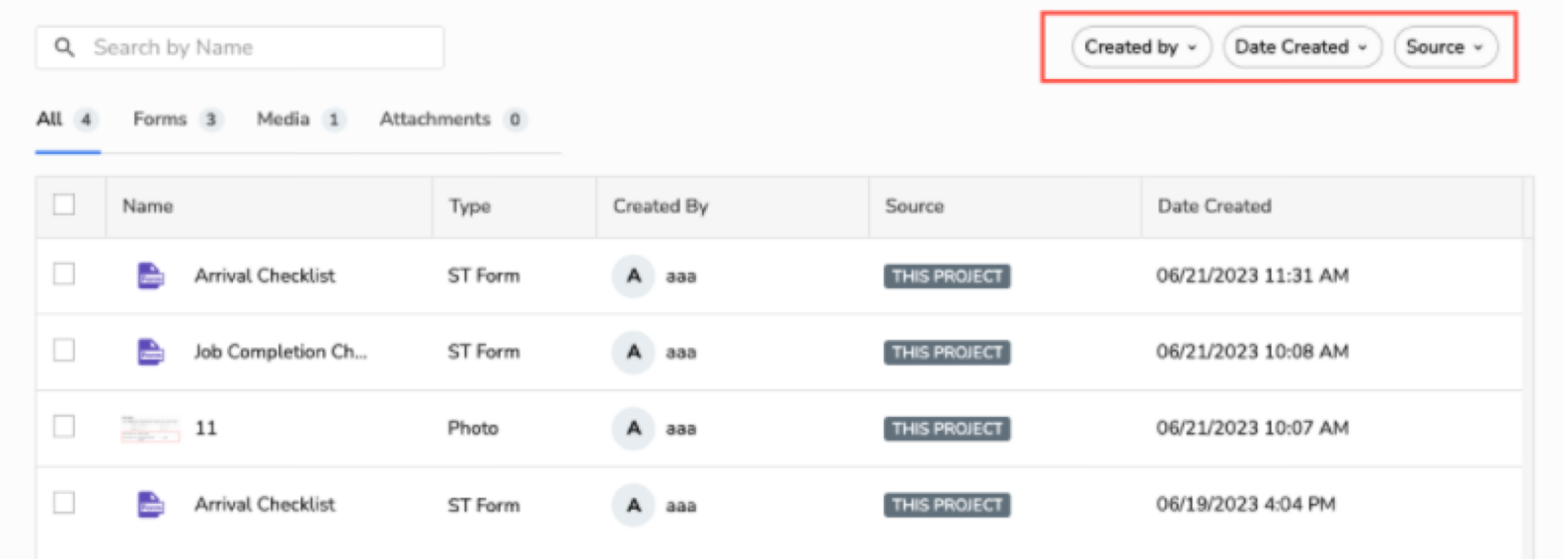 Table displaying project documents with details like name, type, and creation date.