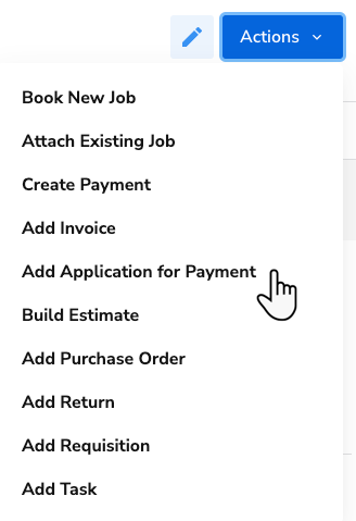 Menu options for actions including adding applications and invoices, with a cursor pointing.