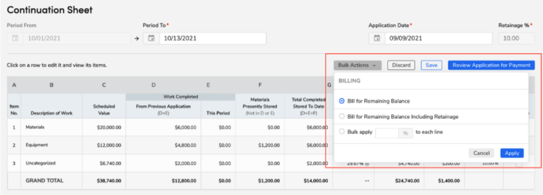 Continuation sheet displaying billing options and itemized work details for a project.