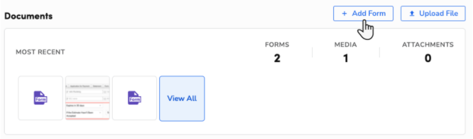 User interface displaying document management options with highlighted 'Add Form' button.