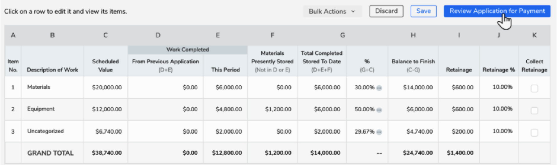 Spreadsheet showing project details, including costs, completed work, and payment review button.