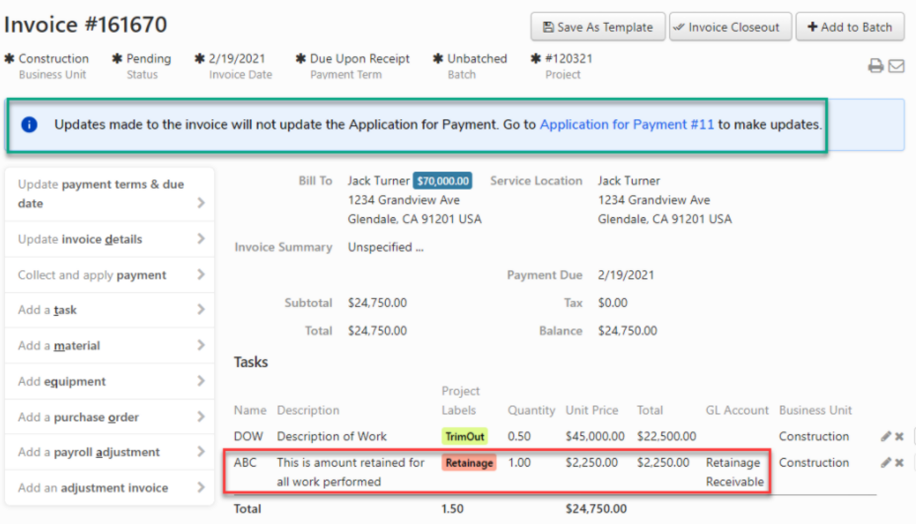 Invoice details showing payment terms, amounts, and tasks for construction project.
