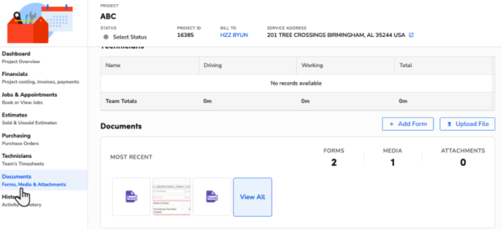 Project overview displaying documents, forms, and media attachments for management purposes.