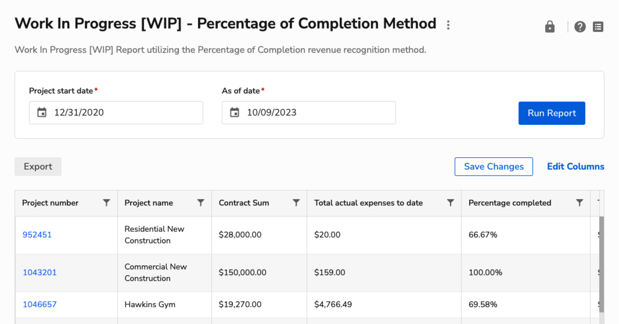 Work in Progress report showing project details and completion percentages for various projects.