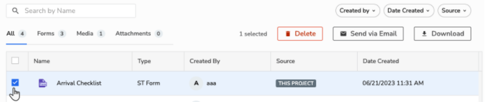 User selects the Arrival Checklist form from a project management interface.