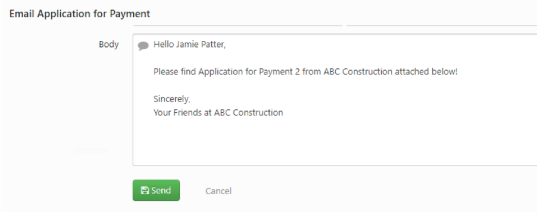 Email application for payment sent to Jamie Patter from ABC Construction.