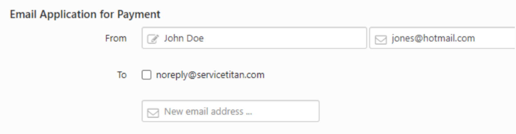 Email application form showing sender and recipient fields for payment processing.