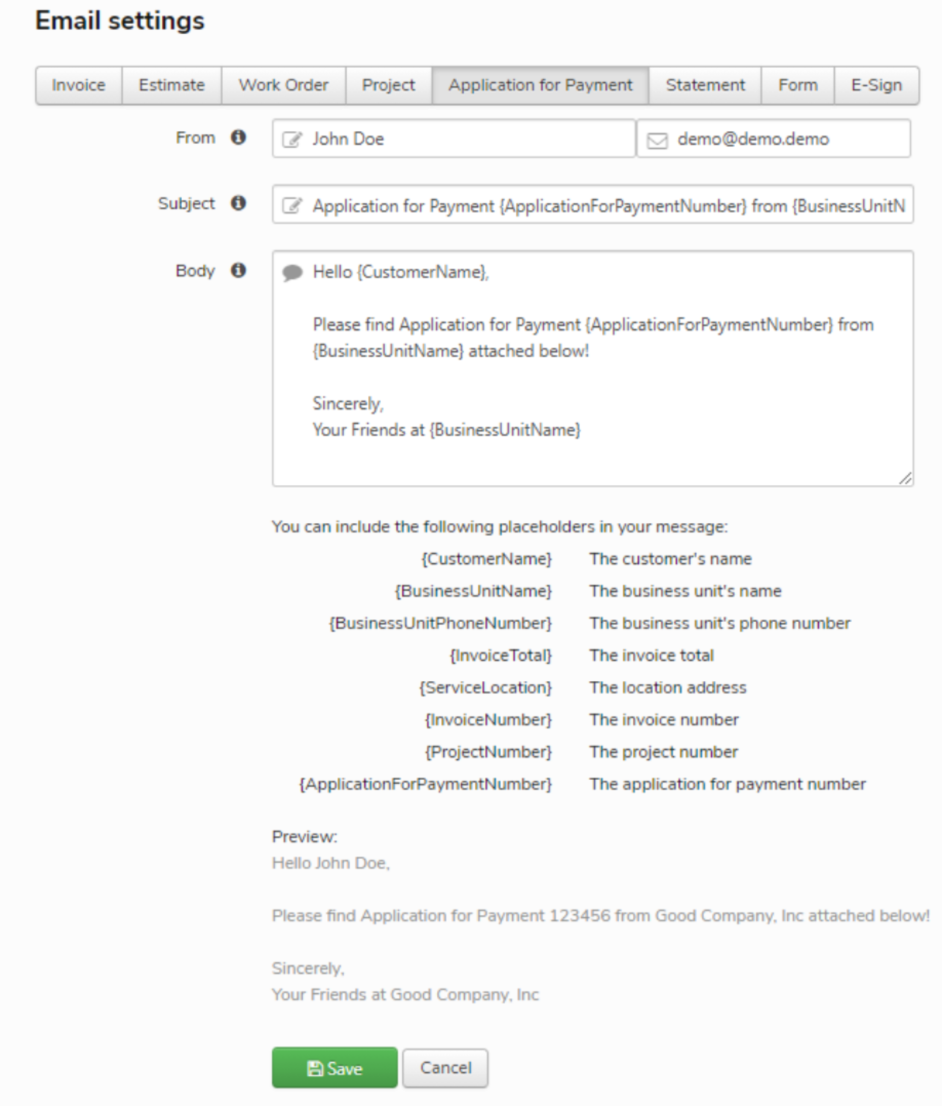 Email settings showing placeholders for customer and business unit information in a template.