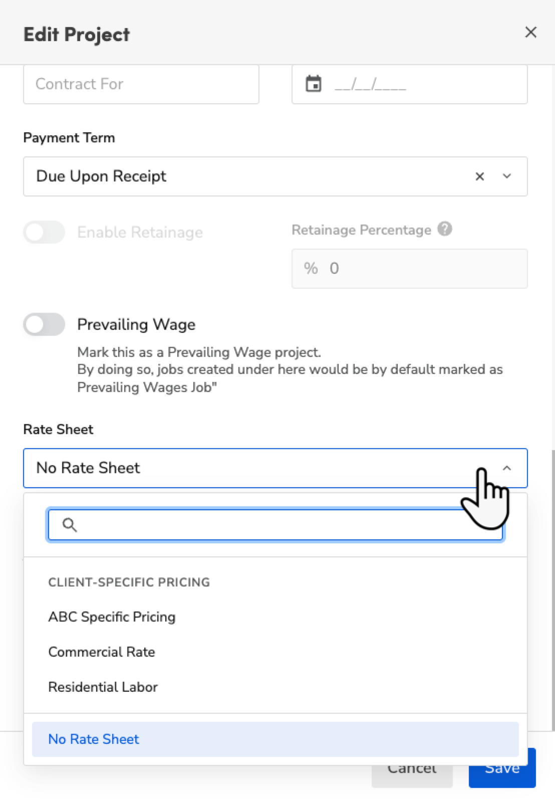 Editing project details including payment terms and rate sheet options.