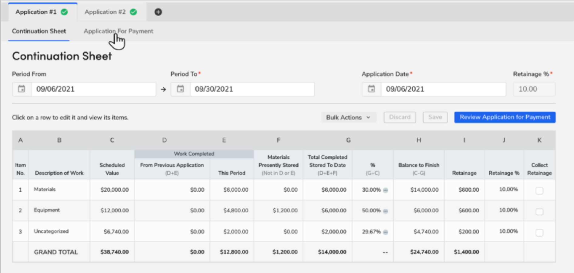 Continuation sheet displaying application details and payment information for construction work.