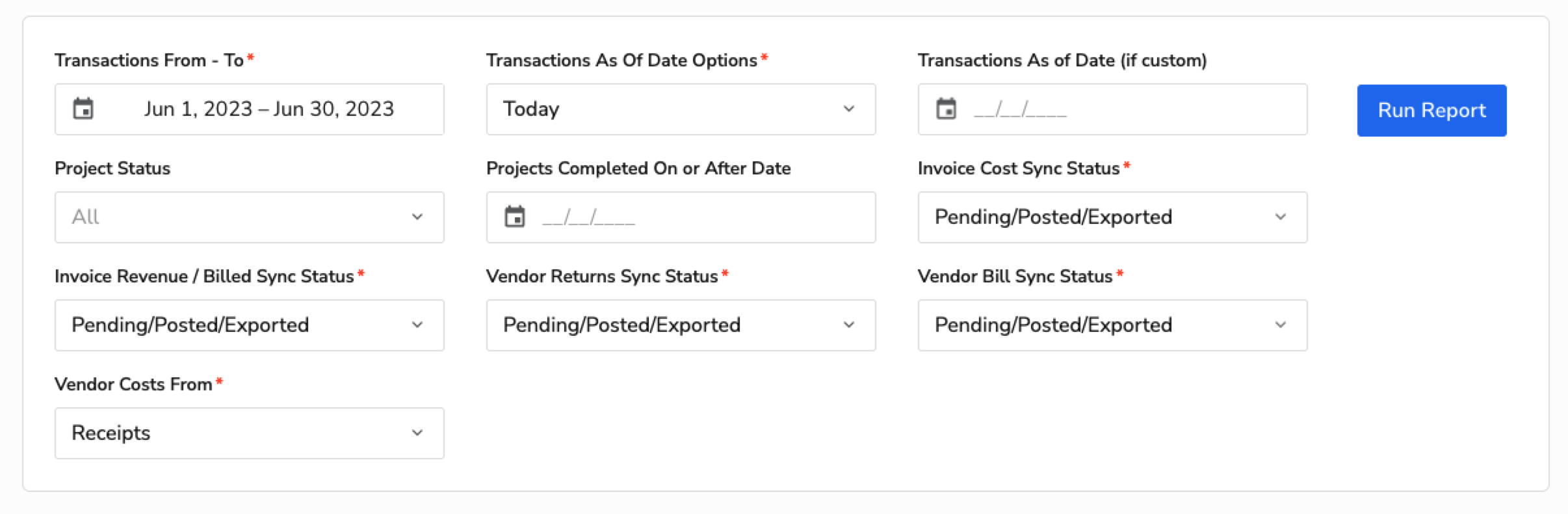 Form fields for transaction reporting, including date range and sync status options.