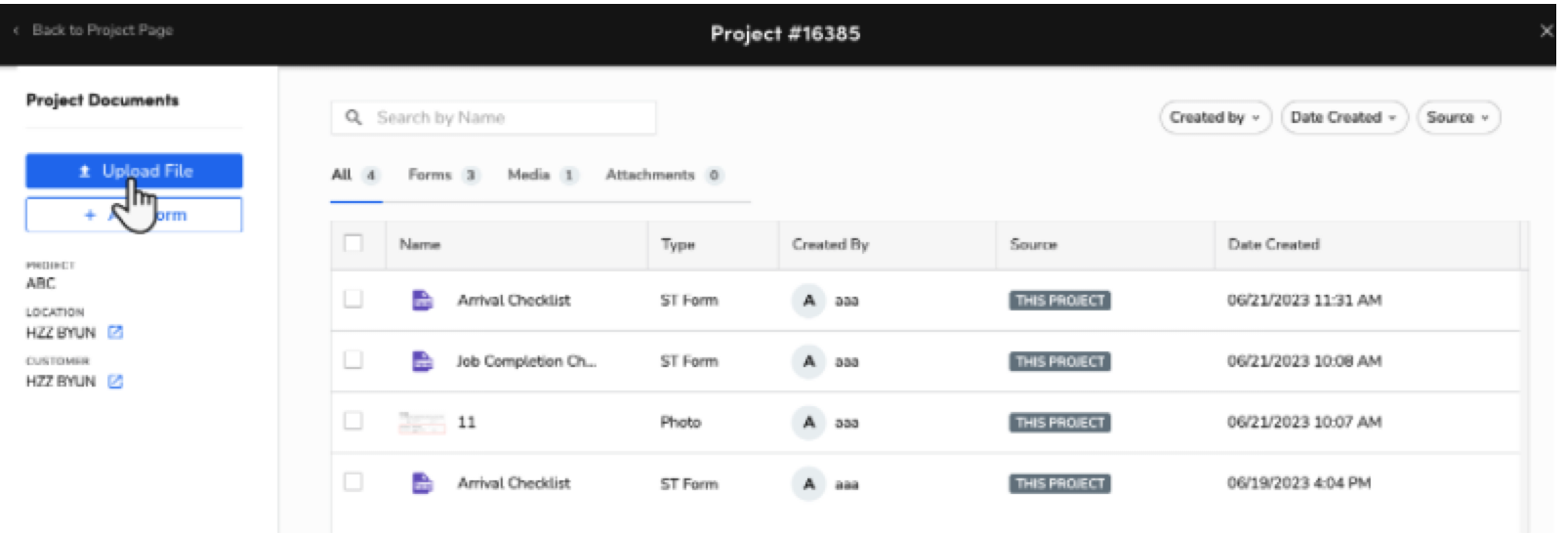 User interface displaying project documents with options to upload files and forms.