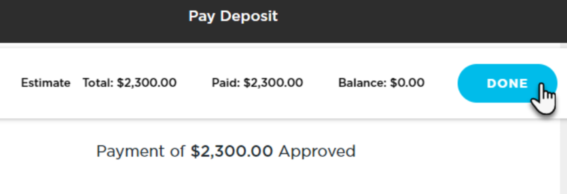 Payment of $2,300 approved, with a total balance of $0.00 displayed.