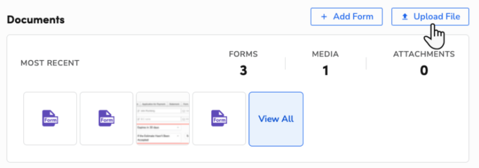 Document management interface showing forms, upload options, and recent documents section.
