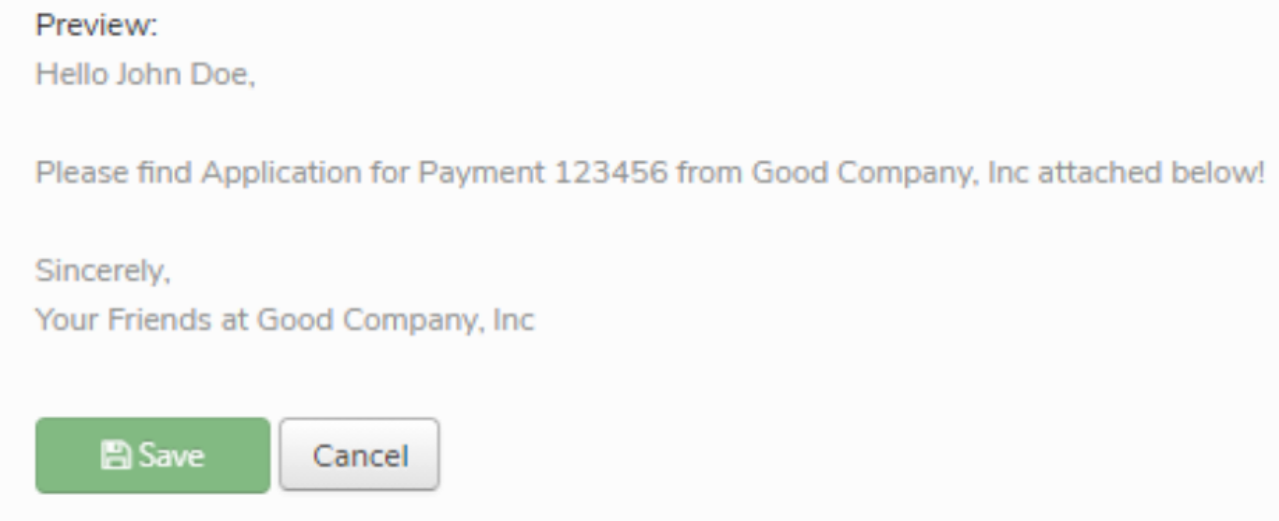 Preview of a payment application addressed to John Doe from Good Company, Inc.