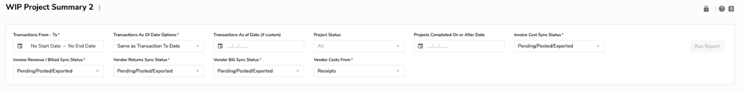 WIP Project Summary form with various transaction and status options displayed.