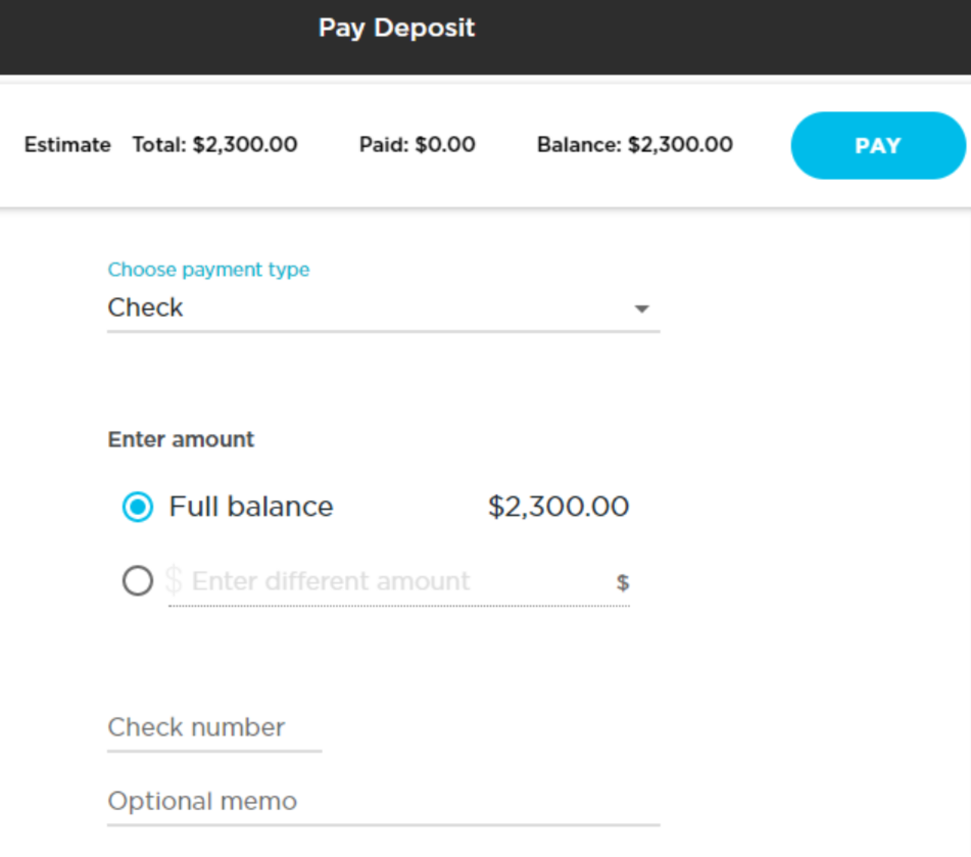 Payment interface showing total, paid, and balance amounts for a deposit.
