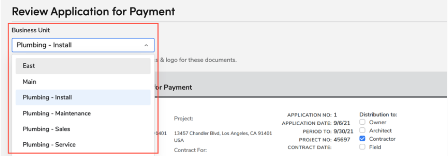 Review application for payment with highlighted business unit selection options.