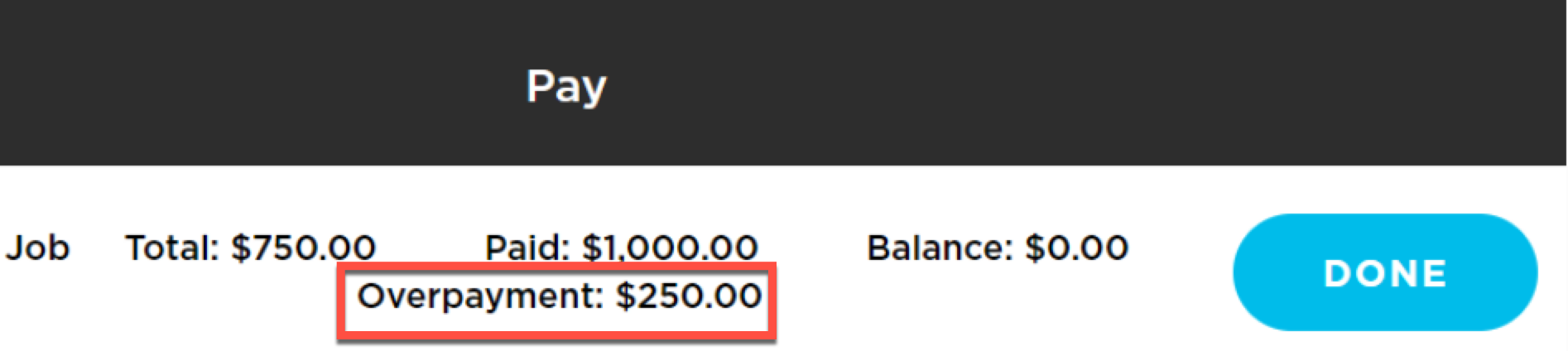 Payment summary showing total, paid amount, and overpayment details for a job.