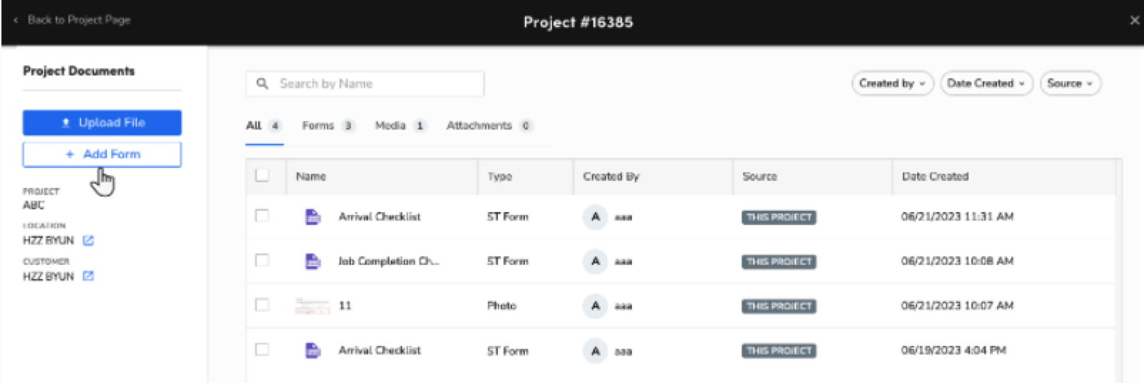Project documents interface showing options to upload files and add forms.