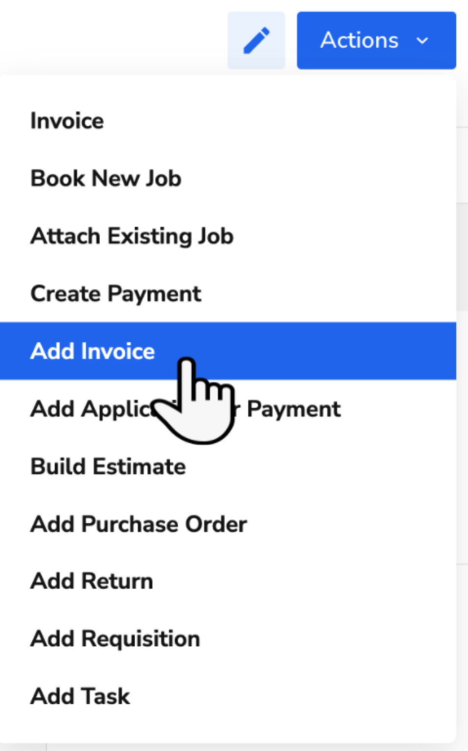 Menu options for actions including adding an invoice and creating payments.