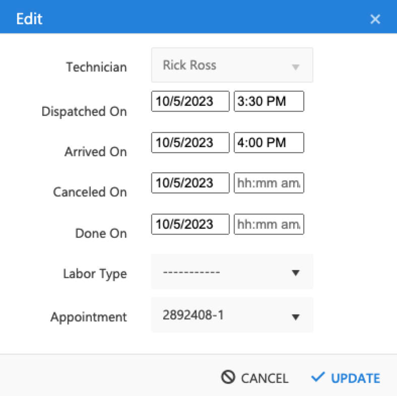 Appointment details for technician Rick Ross, including dates and times for service.