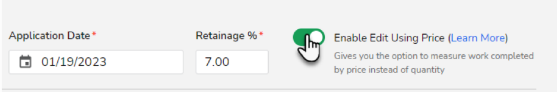 Form fields for application date and retainage percentage with an edit option highlighted.