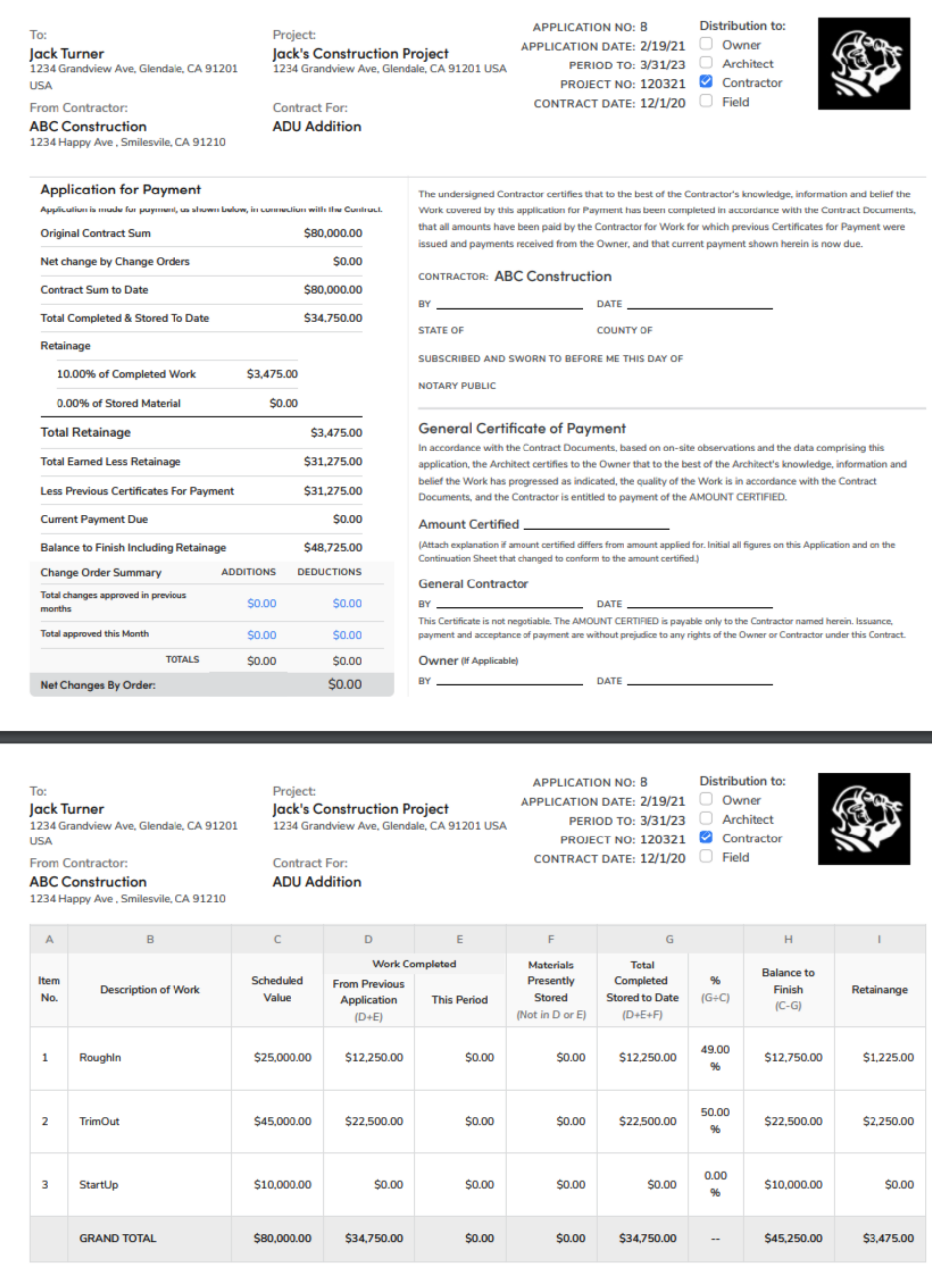 Payment application document detailing contract sums, completed work, and retainage amounts.