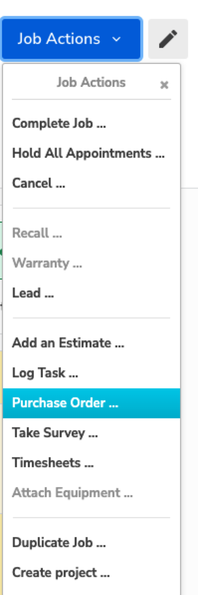 Dropdown menu displaying various job actions including 'Purchase Order' option highlighted.