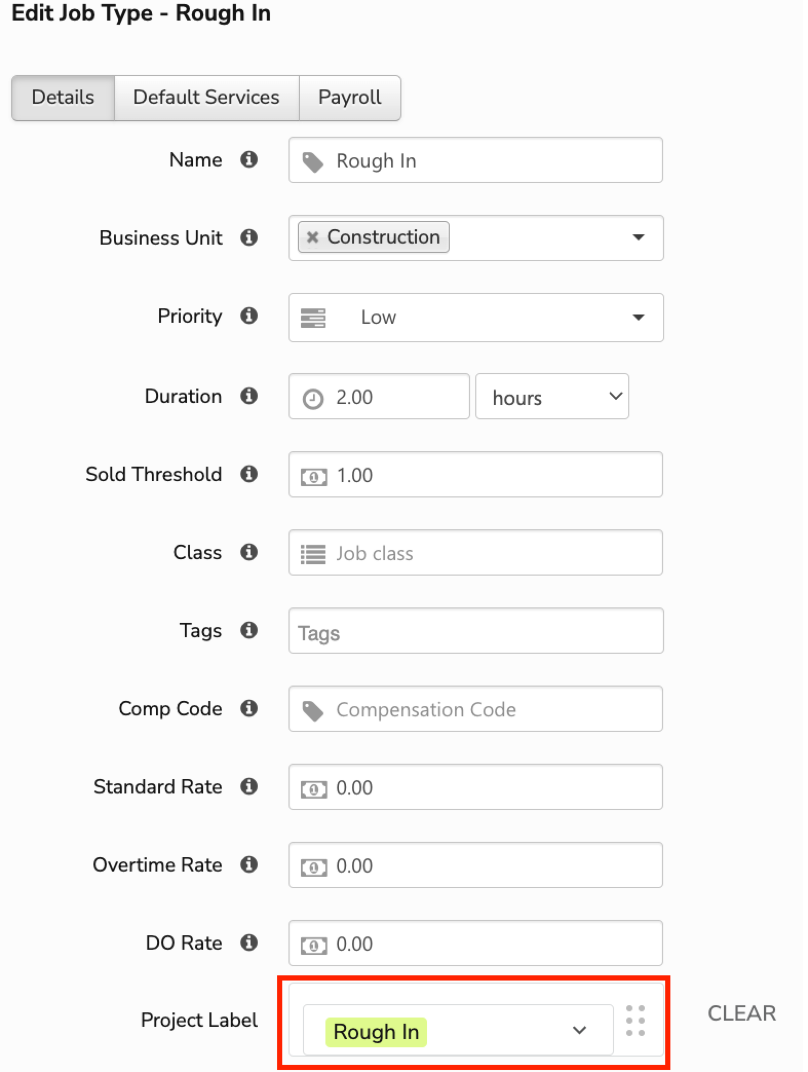 Editing job type details for construction, highlighting project label and duration settings.
