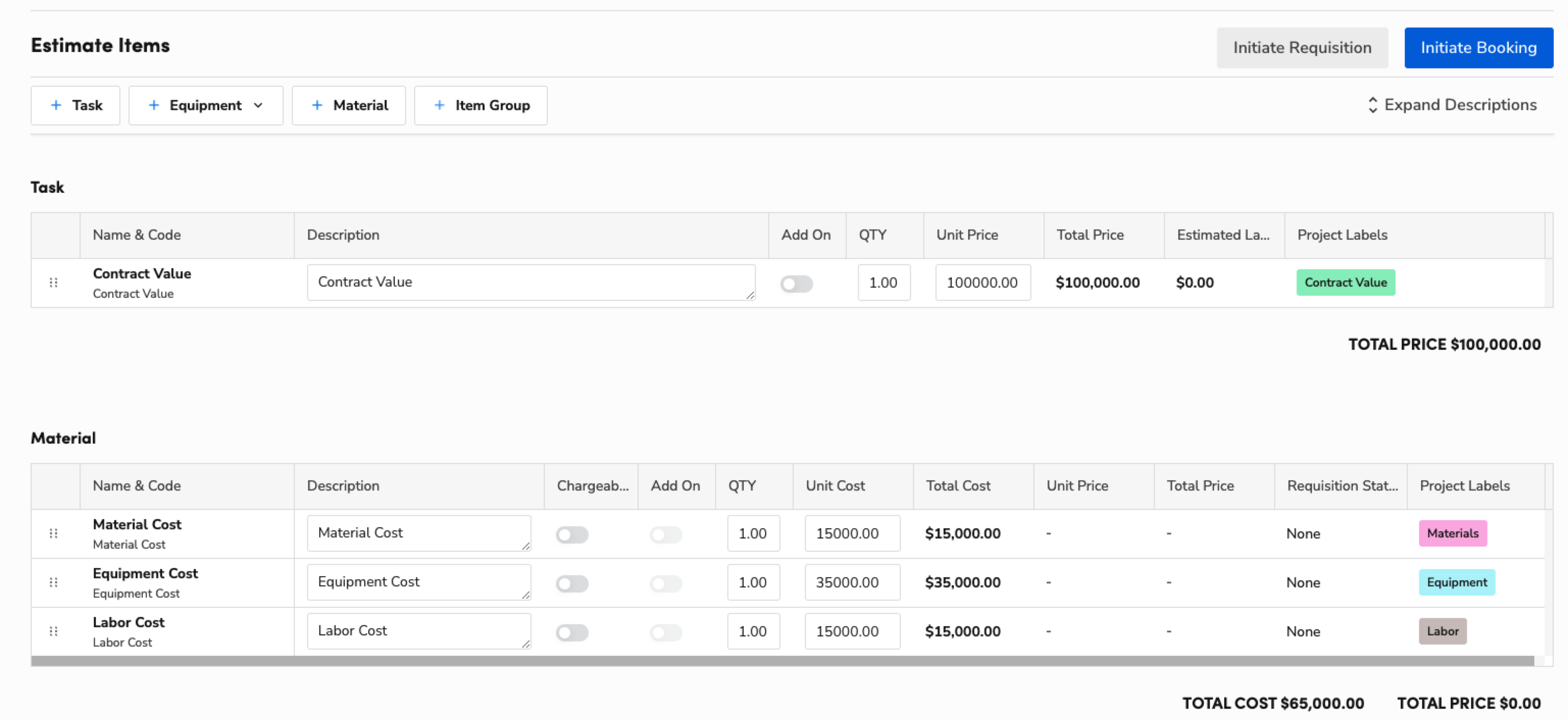 Estimate items including contract value, material, equipment, and labor costs overview.