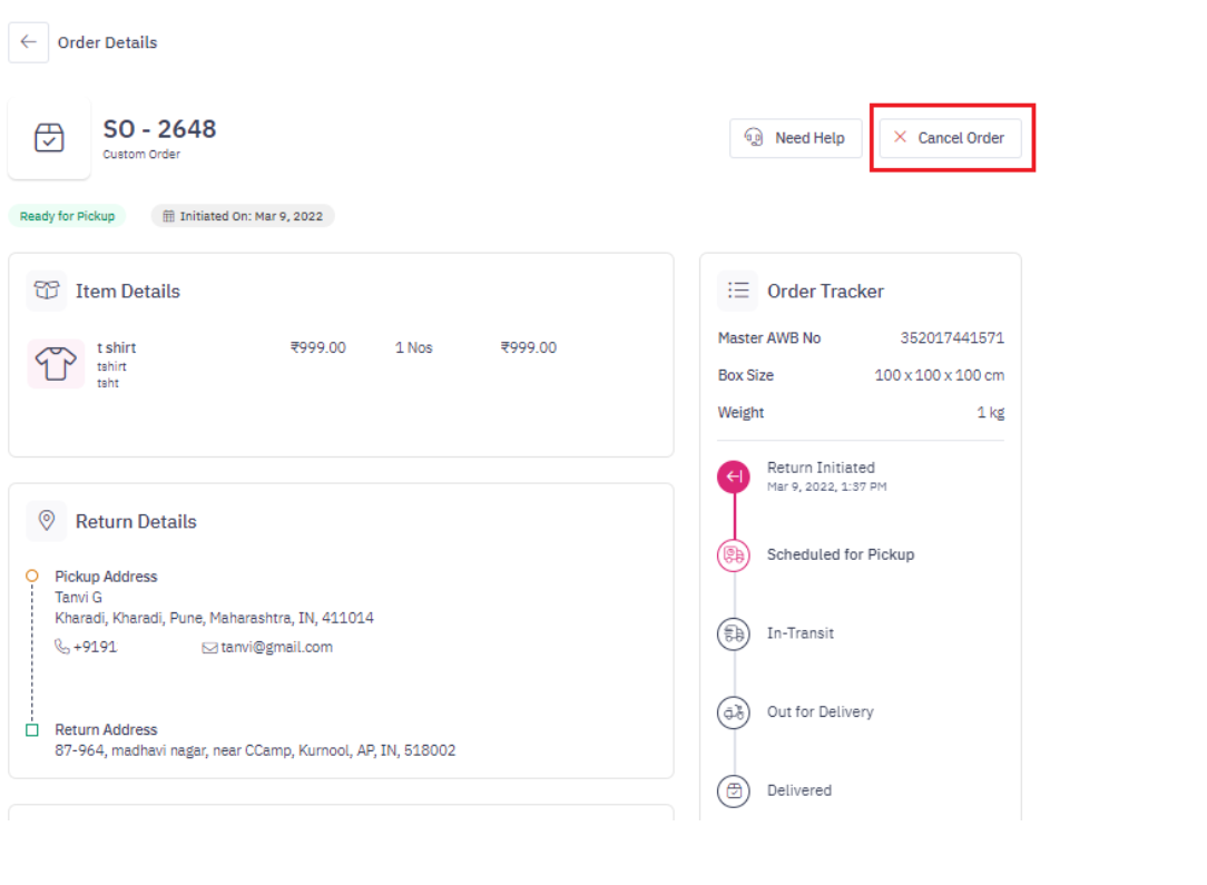 Cancel Order Screen